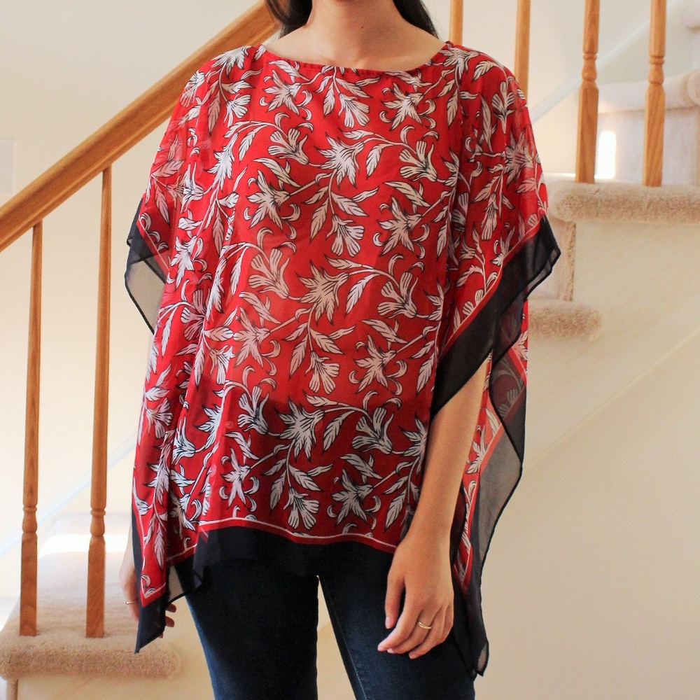 Red Floral Printed Poncho Top